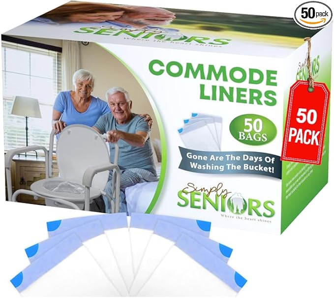 Commode Liners - 50 Strong Portable Toilet Bags - Easy to Use Bedside Commode Liners Disposable - Toilet Liners That Support Dignity of Seniors & Disabled - No More Buckets to Wash - NO Absorbent Pad