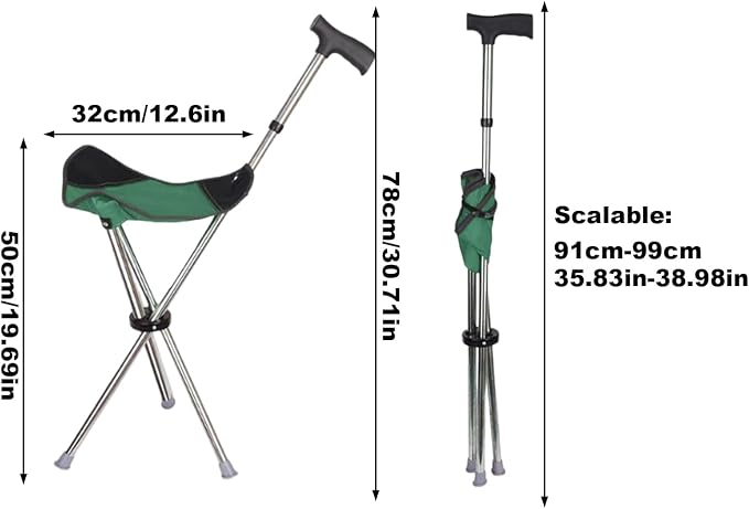 Cane with Chair - 50cm Oxford Cloth Walking Stick, Anti Slip Mobility Aid Stool, Fold Seat for Elderly Adults, Steel Frame Oxford Cloth Support | Portable Travel Hiking Camping Outdoor Convenient