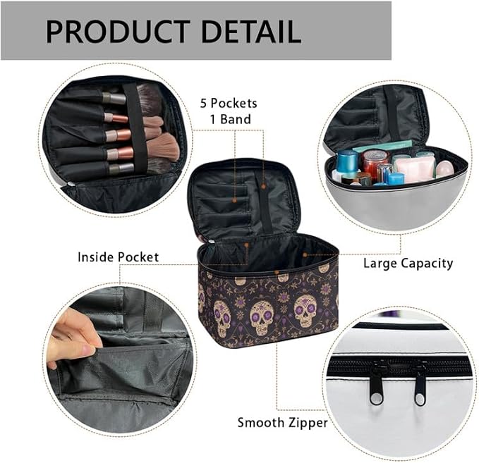 Mexican Sugar Skulls Floral Travel Cosmetic Organizer for Women Portable Zipper Make Up Pouch, Bohemia Candy Skull print Large Makeup Bag Dopp Kit Essentials