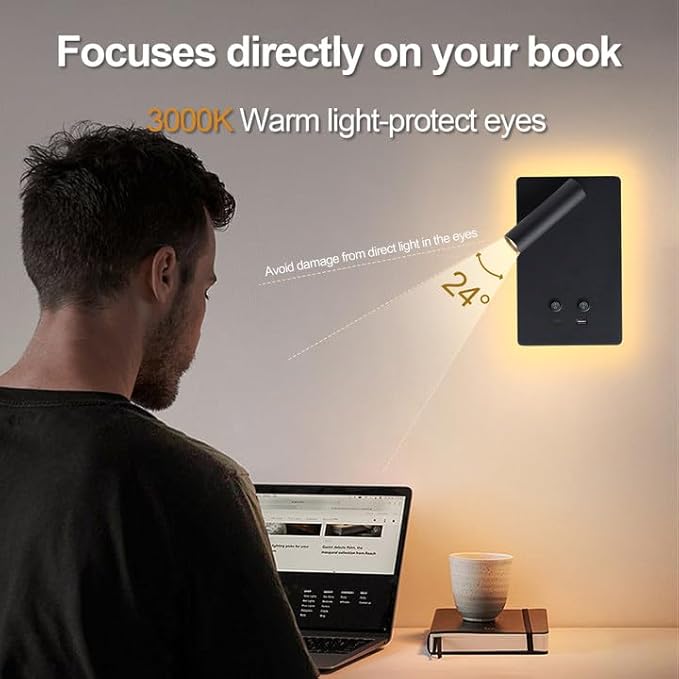 MOLUOLA LED Wall Lamp Wall Mounted Reading Lights Set of 2, Adjustable Headboard Plug in Wall Sconce with USB C+A Ports, Headboard Bedside Lamp with 9W+3W Night Light 3000K (Black)