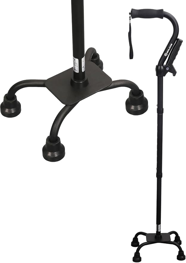 WHLICKS Quad Cane for Stability, Adjustable Walking Cane for Women & Men with A Large 4 Pronged Base for Balance, 350lbs Heavy Duty Cane with 4 Legs & Second Handle, Walking Sticks for Seniors