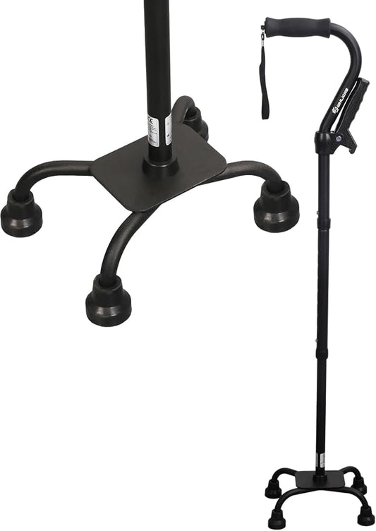 WHLICKS Quad Cane for Stability, Adjustable Walking Cane for Women & Men with A Large 4 Pronged Base for Balance, 350lbs Heavy Duty Cane with 4 Legs & Second Handle, Walking Sticks for Seniors