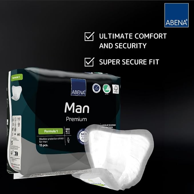 Abena Man Formula 1 Incontinence Pads for Men, 15 Count, Eco-Friendly, Breathable, Comfortable, Absorbs up to 15.2 fl oz