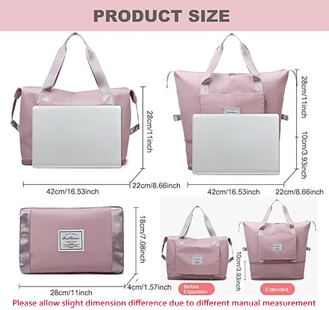 Large Capacity Folding Travel Bag, Lightweight Waterproof Luggage Bag, Expandable Travel Duffel Bag, Dry Wet Separated Gym Tote Bag, Weekender Overnight Bags for Women and Man (Pink)