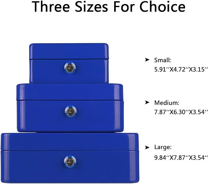 KYODOLED Large Lock Box with Money Tray,Storage Cash Box with Lock,Safe Metal Box for Money,9.84"x 7.87"x 3.54" Blue Large