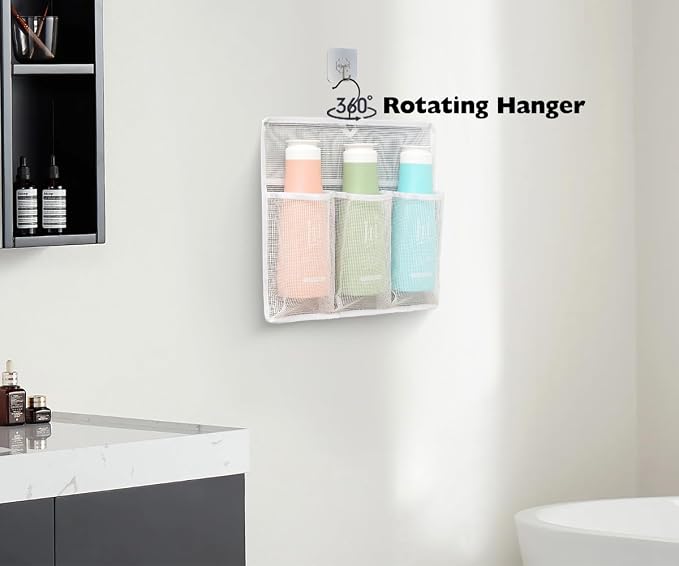 ALYER Mesh Shower Organizer,Shower Caddy with Rotating Detachable Metal Hanger, Quick Dry Bathroom Storage for Toiletry Accessories, Portable Shower Bag for RV,Dorm,Gym and Travel (White)