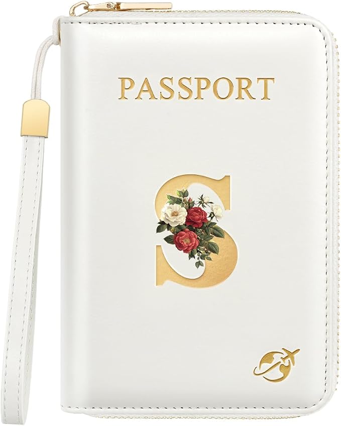 Passport Holder for Travel Personalized Wallet with Wristlet Women | All-in-One Passport Cover, RFID Blocking, Back Coin Pocket, Paper Money Slot, Zipper Closure, Roses Initial Letter, White S