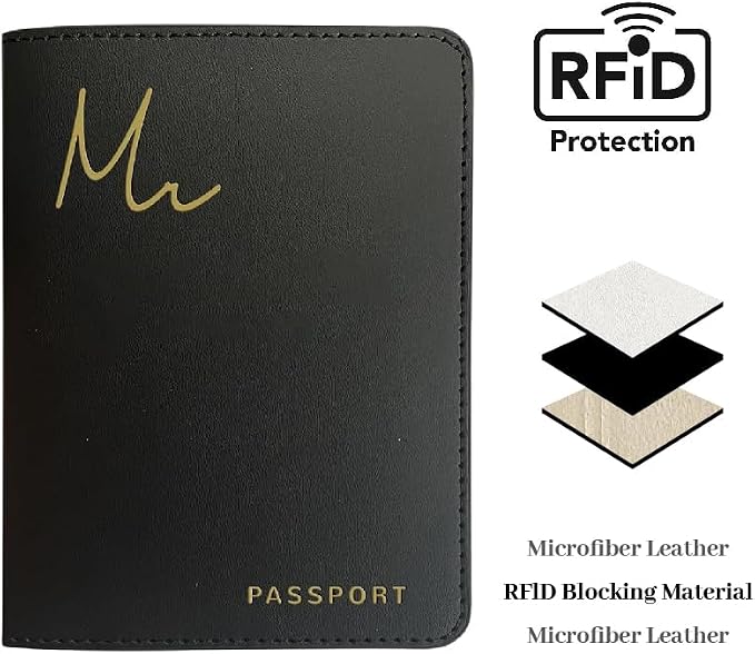 HubbyWifeyGifts Mr and Mrs Passport Holder Set, PU Leather Passport Cover with RFID Blocking, Honeymoon Essentials for Travel, Engagement Gifts for Couples