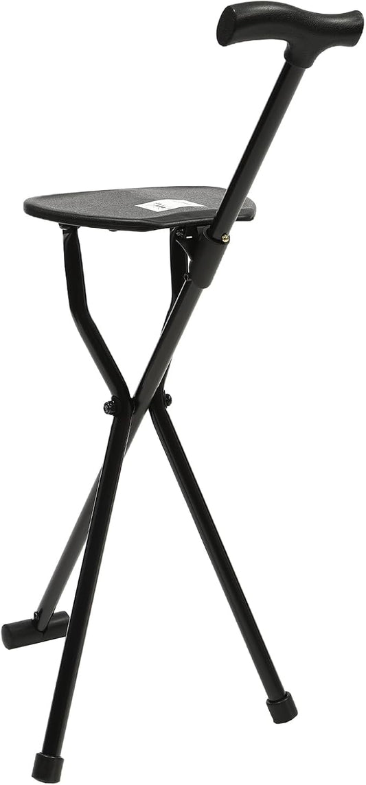 Folding Walking Cane with Seat for Seniors, 34” Tall Cane Chair Multi-Functional Three Legged Stool Supports 250 Pounds, Lightweight Anti-Slip Cane for Seniors Elderly