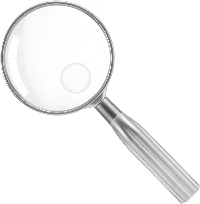 Lakei Magnifying Glass,10X Handheld Reading Magnifying Glass， 75mm Shatter Resistant Lens, Non-Slip Handle, Suitable for Elderly Reading, Adults Close Work, Hobbies and Science (Silver)