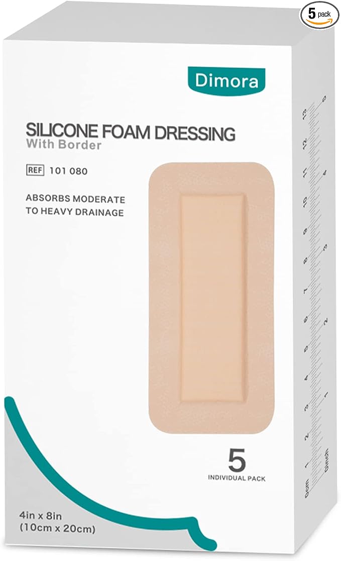 Dimora Silicone Foam Dressing with Border Adhesive 4"x8" Waterproof Wound Dressing Bandage for Wound Care 5 Pack