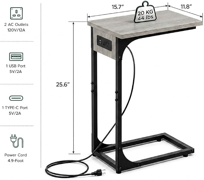 TEMI C Shaped End Table for Couch with Charging Station, Small Side Table TV Tray for Eating or Laptop, Accent Desk for Sofa or Chair, Space Saving Living Room Bedroom, Greige