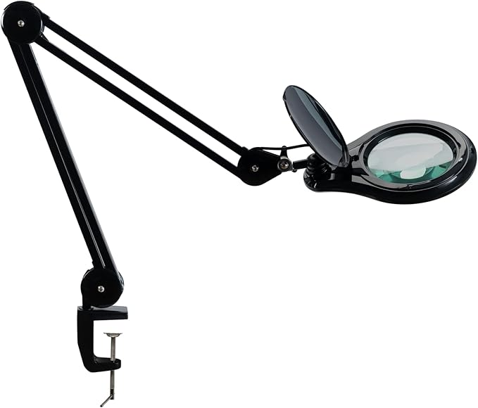 LED Magnifying Lamp with Clamp, 5 Inch Magnifier Glass Lens, Metal Swing Arm Dimming 1200 Lumens Lighted Magnifying Desk Lamp for Crafts, Bright 60PCS LEDs - 2.25X Magnification(Black)