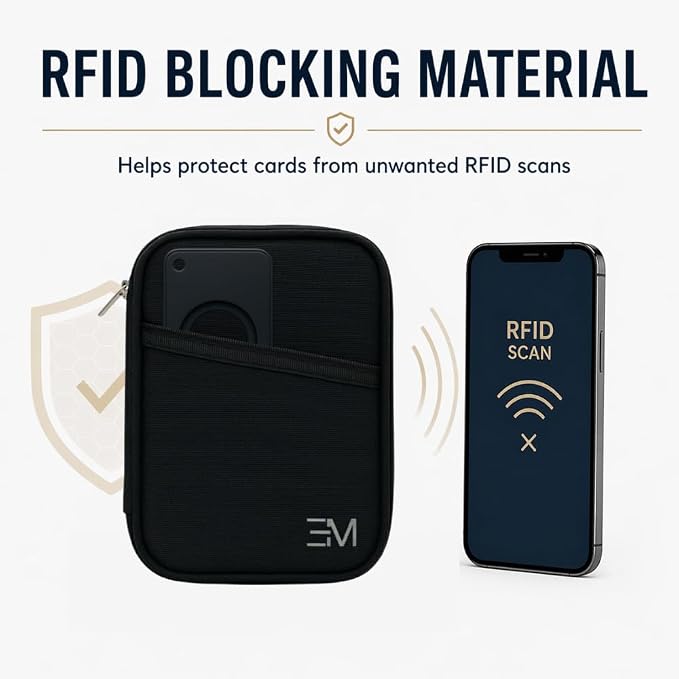 EM RFID Passport Holder with Zipper for Travel, AirTag Card Case, Black | Ideal for 1 passport, cards, cash, ID and boarding pass. Size: 4.7 x 0.8 x 6.1 in (L x W x H) with discreet AirTag pocket