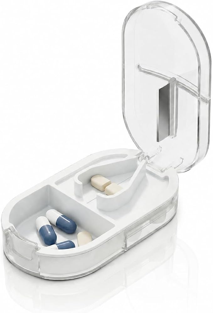 Pill Cutter Splitter for Small or Large Pills, Portable Pill Splitter with Hidden Professional Organizer and Brush, Tablet Cutter Medicine Slicer, Coupe Pilule for Tablets and Vitamins(Clear)