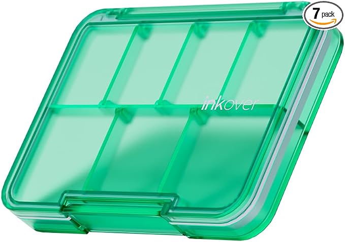Small Pill Organizer, Waterproof & Portable Pill Case for Daily Travel - Adjustable 7 Compartments Compact Medicine Holder for Vitamins, Pills, Perfect for Purse or Pocket (Green)