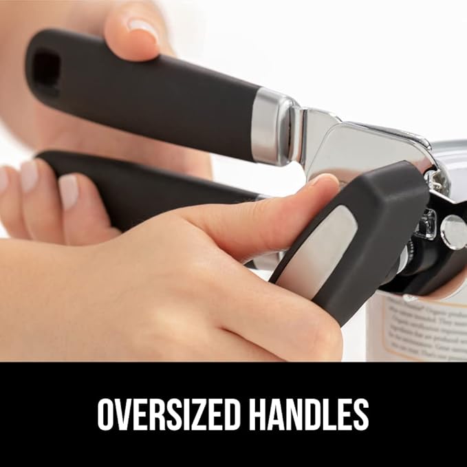 GORILLA GRIP Heavy Duty Stainless Steel Smooth Edge Manual Can Opener, Soft Comfortable Handle, Large Handheld Turn Knob, Built-In Bottle Openers, US Designed, Holiday Prep Kitchen Essential, Black