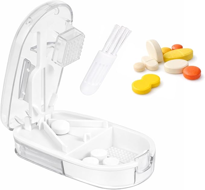 Pill Cutter and Crusher, Tablet Splitter for Small and Tiny Pills, Professional Medicine Cutter for Large Tablets, 1/4 Dose Divider,Portable Divider for Travel Use– Transparent White