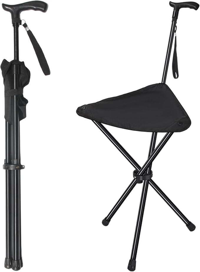 FATTCHIAR Cane with Seat, Adjustable Height 34.2"-39.7" Walking Stick with Seats, Cane Chair Capacity 220lbs, Folding Lightweight Portable Stool for Adults Seniors Camping Hiking