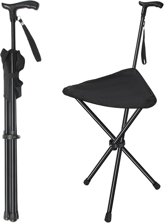 FATTCHIAR Cane with Seat, Adjustable Height 34.2"-39.7" Walking Stick with Seats, Cane Chair Capacity 220lbs, Folding Lightweight Portable Stool for Adults Seniors Camping Hiking