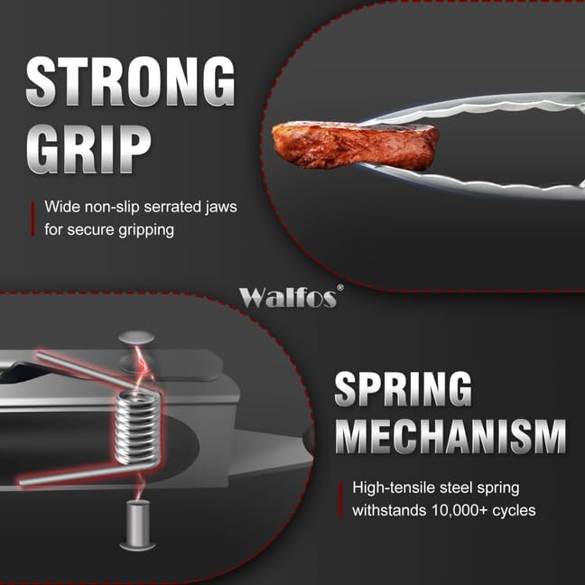 Walfos Extra Long Grill Tongs - Heavy Duty Metal Tongs - 16 & 12 inch Great for Grilling,BBQ/Barbecue,Cooking - Stainless Steel and Non-Slip Heat Resistant Silicone Handle (Set of 2)