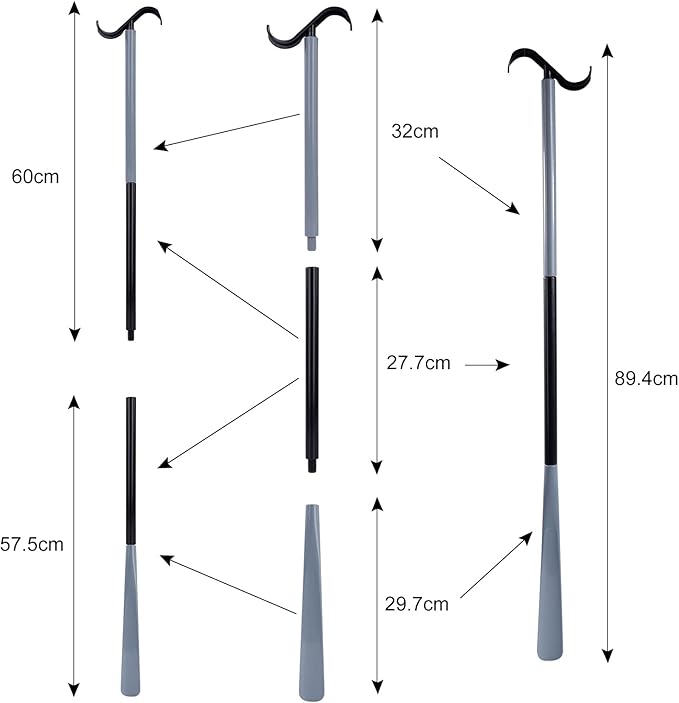 35" Long Dressing Stick with Shoe Horn with Sock Removal Tool, Adjustable Extended Dressing Aids for Shoes, Socks, Shirts and Pants Grey and Black