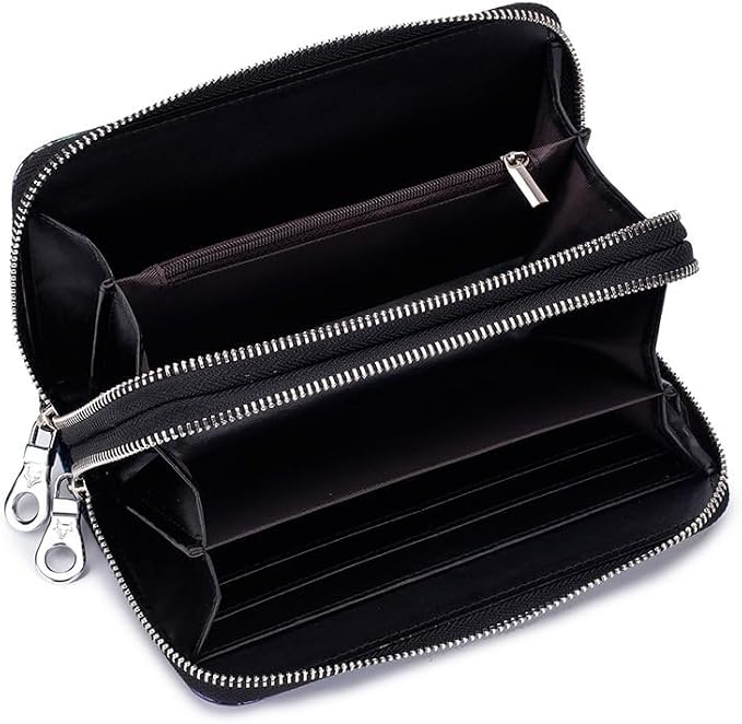 GOIACII Women's Wallet Large Capacity Double Zip Ladies Card Phone Holder RFID Blocking Wristlet Leather