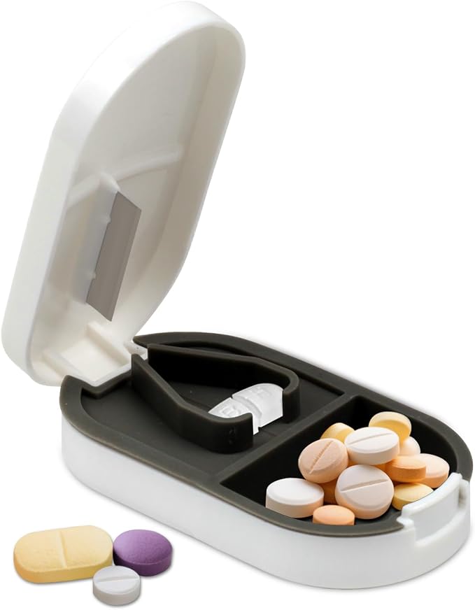 Pill Cutter & Splitter & Organizer – Accurately Cuts, Stores Pills with Detachable V-Shaped Silicone Slot, Portable & Easy to Clean