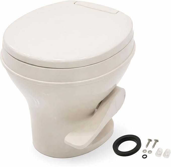 SEAFLO Bone RV Toilet, Residential Height 18.4", Gravity Flush Foot Pedal, Soft Close Seat, Camper Toilet for RV Motorhome Travel Trailer, Parchment, SFRTPH-02-01, 4-Year Warranty