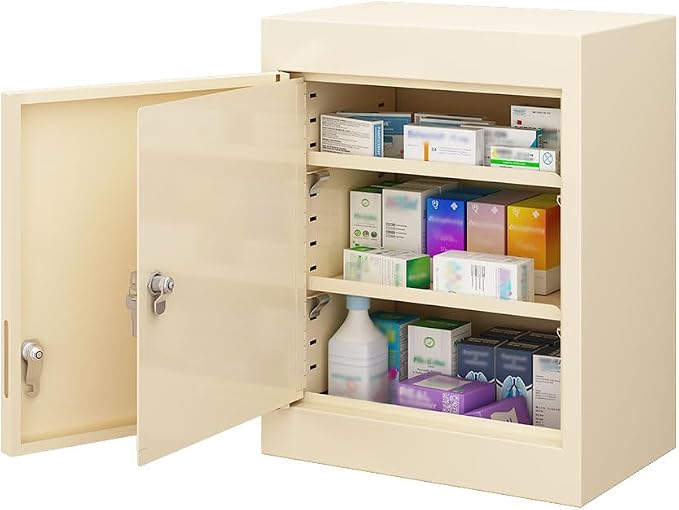 Yeeoy Locking Medicine Cabinet with Double Doors, Wall Mount Narcotics Cabinet, Steel Drug Cabinet with Adjustable Shelves, Secure Storage Box for Medications, First Aid & Home Safety, Beige