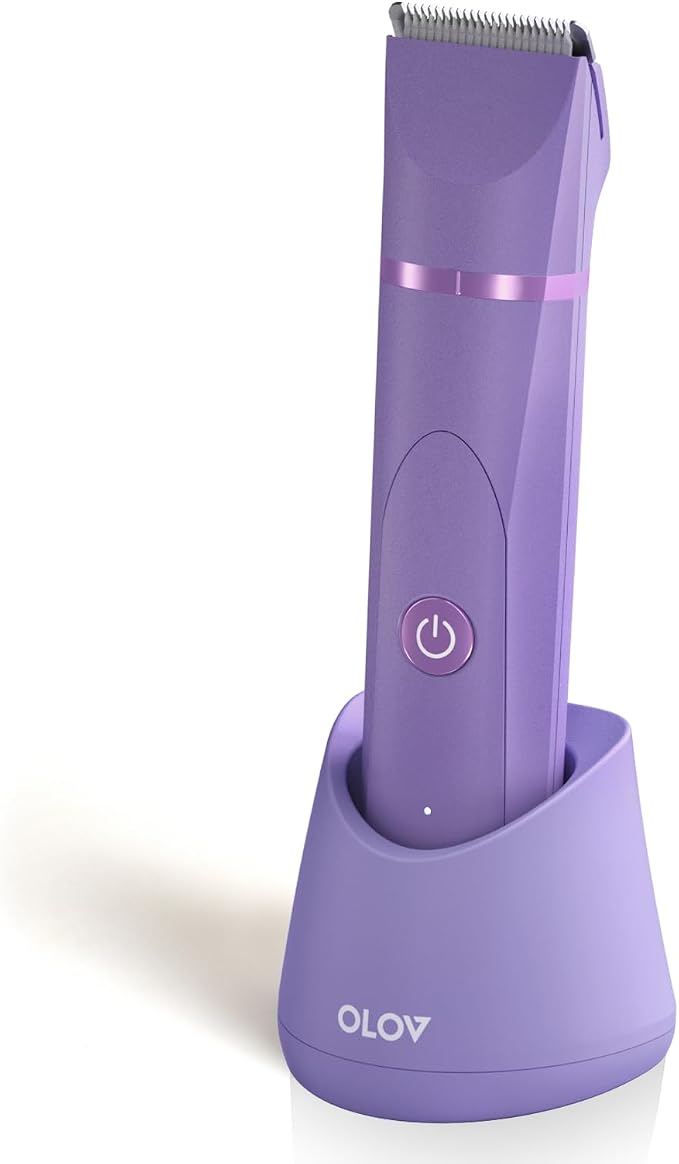 OLOV Electric Body Hair Trimmer - Groin Trimmer for Men - Bikini Trimmer Women - Wet/Dry Shaver Groomer, Replaceable Ceramic Blade Heads, USB Recharge Dock, Waterproof Hygiene Razor, Bright Purple