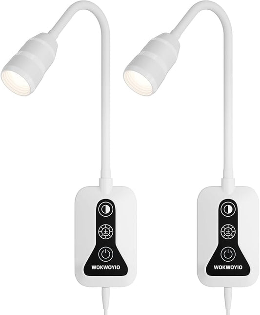 Wall Mounted Reading Light with Hand Sweep Sensor Switch, Book Light for Reading with USB Output, 5 Color & Brightness Dimmable Bedside Light, Wall Lamp with Flexible Neck - White 2 Pack