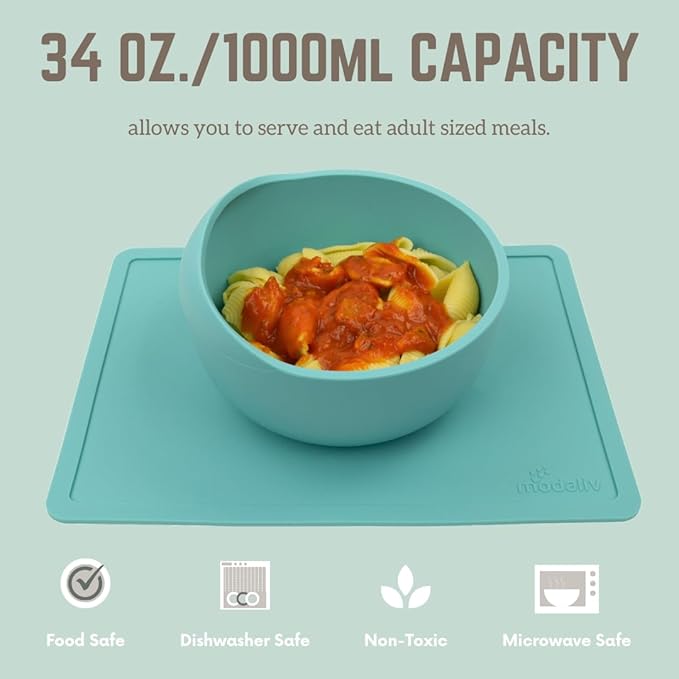 Modaliv 34oz Adult Scooper Bowl with Suction Base – Adaptive Silicone Placemat for Stroke Recovery, Elderly, or Disabled – Microwave & Dishwasher Safe – Non-Slip Feeding Aid (Turquoise)