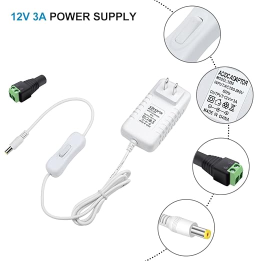 12V Power Supply, 12 Volt 3A 36W DC Power Supply with On Off Switch, White Switching LED Power Adapter, AC 110V to 12V Transformer Plug for LED Strip Lights with 5.5/2.1 DC Female Connector, 3 Pack