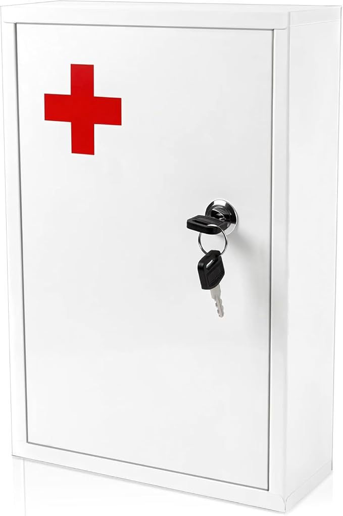 Wall Mount Locking Medicine Cabinet Box, 2-Tier Medicine Lock Box with Key | First Aid Cabinet Organizer, Secure Steel Locking Medical Storage for Home, School
