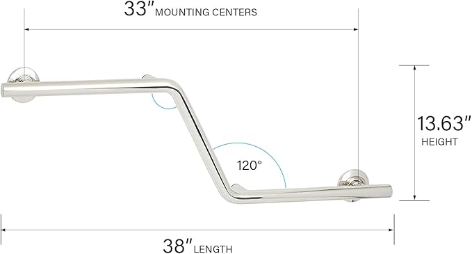 Seachrome Bathroom Grab Bar, 38 inch Stainless Steel, Right Handed Zuma Bar, 1 1/4 inch Diameter, Handicap Grab Bar, Safety Rail, Polished Stainless (Model: GWR-3638-QCR-PS)