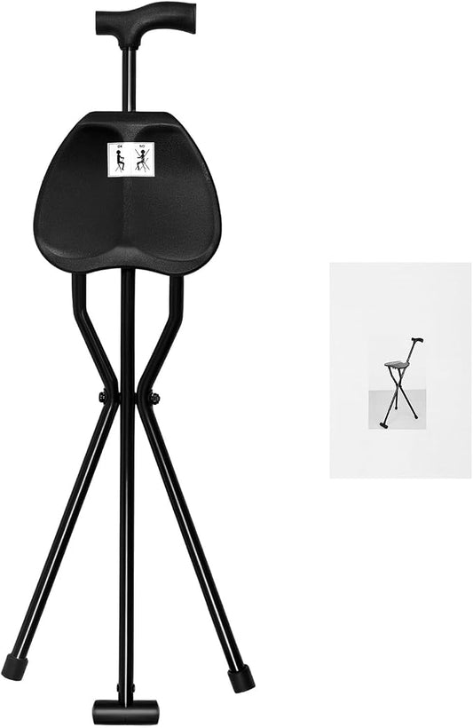 Cane Chair,Walking Cane,35.4 Inches Tall Multi-Functional Foldable Three-Legged Stool, Folding Cane with Seat, Supports Up to 249.12Lbs, Suitable for Both The Elderly and Young
