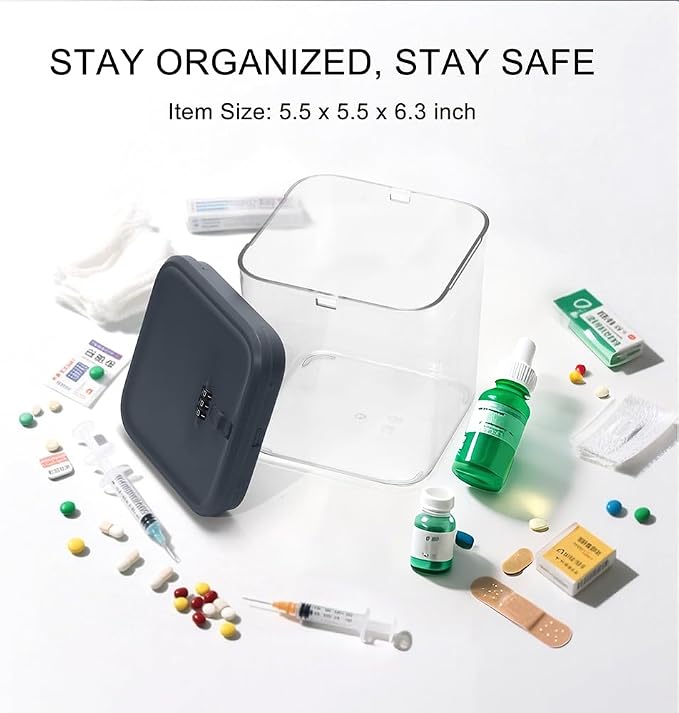 Houlacove Clear Security Lockable Box with Combination Lock & Code for Pills, Fridge Food, Snacks, Phone .Medicine Lockbox Container Home, Office, Travel Use （5.5x5.5x6.3in） (Gray)-Reusable