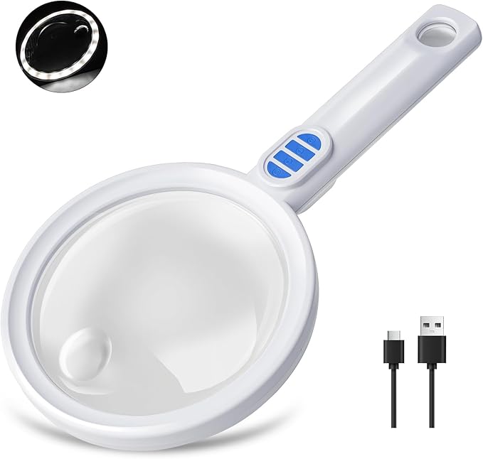 Magnifying Glass with Light Large 5.12" Rechargeable Magnifier with 5 Color Modes & 20 Level Brightness, 10X 20X 45X Handheld Magnifying Glass for Seniors Reading Coin Inspection