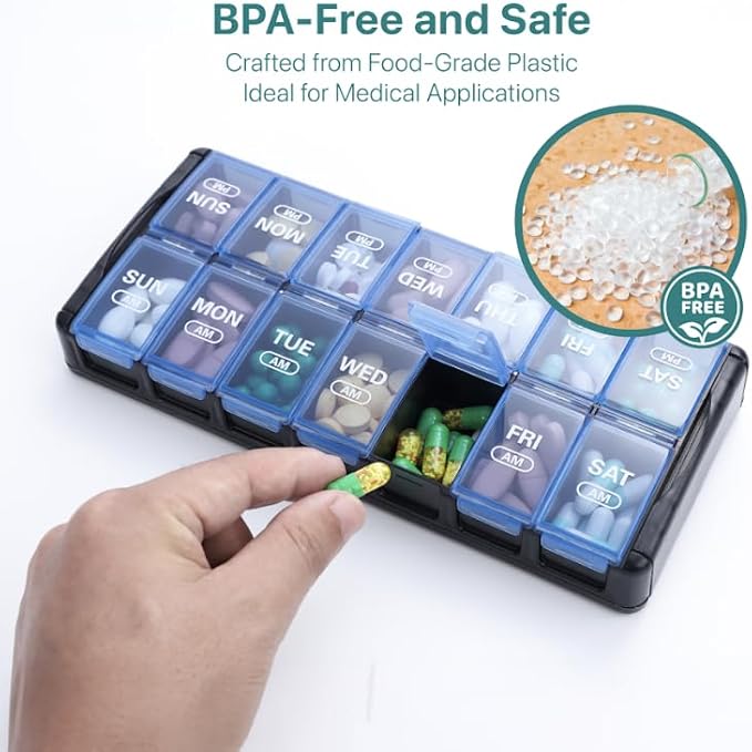 Sukuos Weekly Pill Organizer 7 Day 2 Times a Day, Quick Fill Daily Pill Box AM PM, Easy to Open Large Vitamin Cases (Blue)