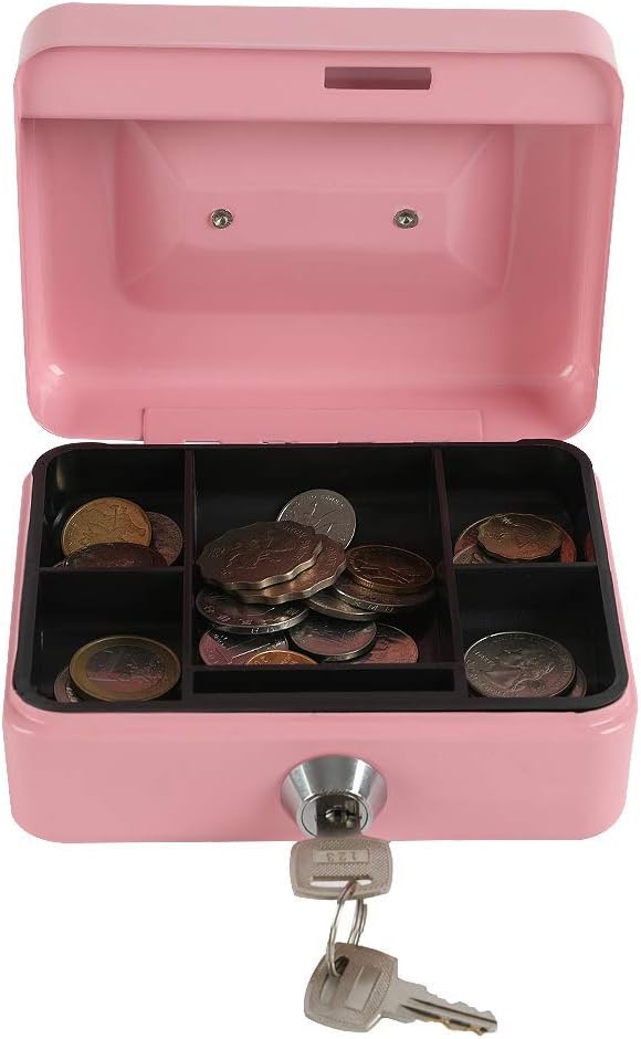 xydled Locking Steel Mini Cash Box with Removable Coin Tray and Key Lock for Kids, 4.92" x 3.74" x 2.36",Pink