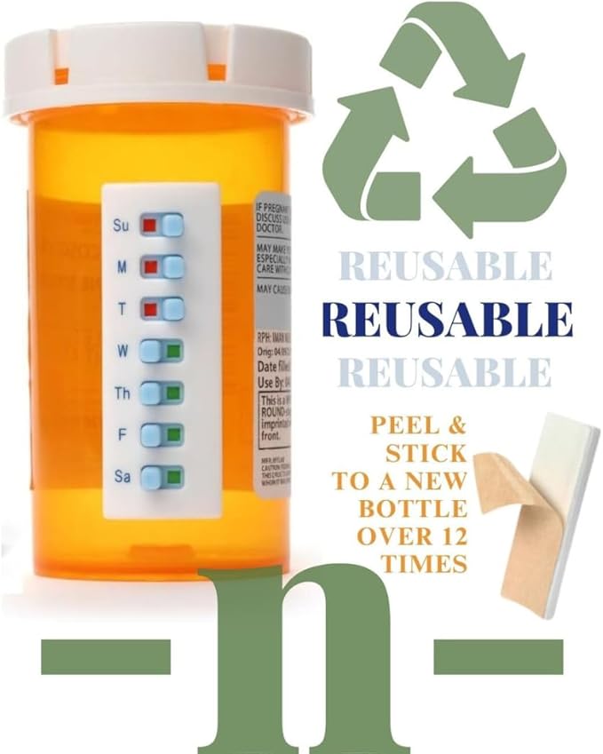 Peel and Stick Reusable for 12 + Refills, Pill/Medication/Vitamin/Pet Med Tracker & Reminder, Attach to Your Bottle, Organizer-Free, Curved‑Back, White & Blue (2-Pack, 1 Each)