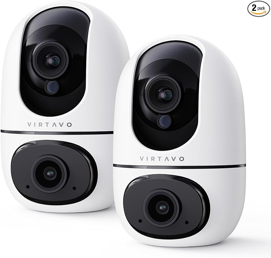 virtavo XD1 Indoor Security WiFi Camera, No Subscription Required, Dual-Lens 360° PTZ Baby Monitor & Pet Cam, Motion Tracking, 2-Way Audio, Night Vision, Cloud/SD Storage, Plug-in Power 2PACK
