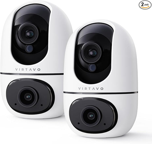 virtavo XD1 Indoor Security WiFi Camera, No Subscription Required, Dual-Lens 360° PTZ Baby Monitor & Pet Cam, Motion Tracking, 2-Way Audio, Night Vision, Cloud/SD Storage, Plug-in Power 2PACK