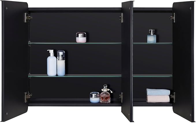 Bathroom Mirror Medicine Cabinet with Round Corner Framed Door 36 x 26 inch, Black，Recessed or Surface Mount, with Adjustable Glass Shelves