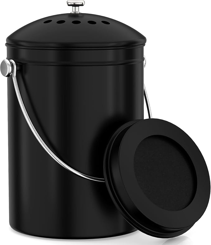 Utopia Kitchen Countertop Compost Bin 1.3 Gallon, Stainless Steel, Black | Odorless countertop compost bin with charcoal filter, ideal for food scraps and waste