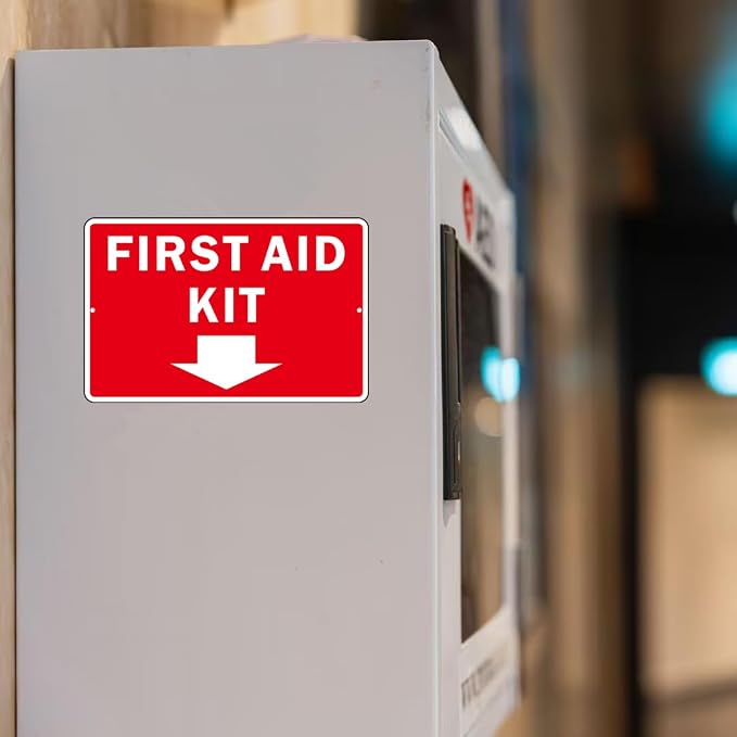 First Aid Sign, (2 Pack) Self Adhesive First Aid Kit Sign for Wall, Aluminum Metal Signs With 2 Pre-drilled Holes (9 x 6 inches, Red/White)