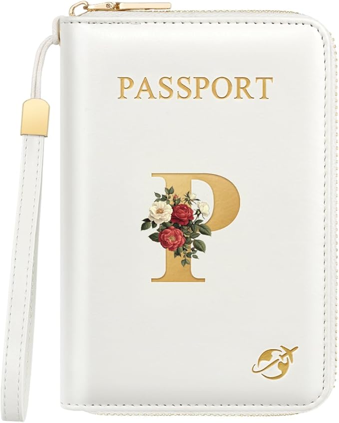 Passport Holder for Travel Personalized Wallet with Wristlet Women | All-in-One Passport Cover, RFID Blocking, Back Coin Pocket, Paper Money Slot, Zipper Closure, Roses Initial Letter, White P