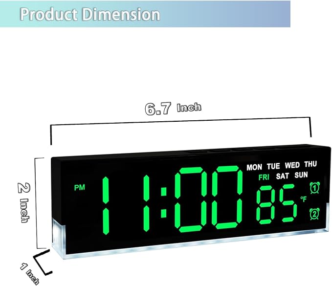 zyzamay 7-Inch Modern LED Digital Alarm Clock with Dual Alarms & Soft Bottom Light｜Displays Time, Date, Day, Temperature ｜3-Level Auto/Manual Brightness, DST, USB or Battery Powered Desk Clock,Green