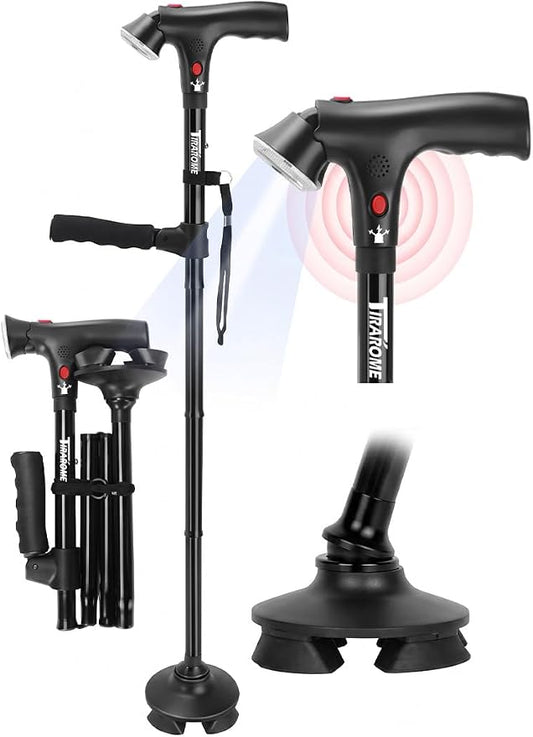 Walking Cane for Men & Women, 3-in-1 Folding Cane with Alarm and Light, Adjustable, Collapsible Walking Stick for Seniors Balance with a Second Handle